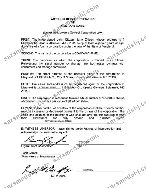 USA Maryland articles of incorporation Word and PDF template